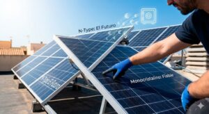 Comparativa visual de paneles solares N-Type frente a Monocristalinos en un tejado residencial, ilustrando el ahorro y la fiabilidad para el artículo de las 5 mejores placas de 2026