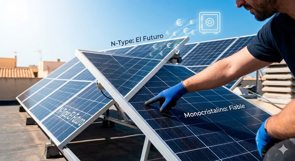 Comparativa visual de paneles solares N-Type frente a Monocristalinos en un tejado residencial, ilustrando el ahorro y la fiabilidad para el artículo de las 5 mejores placas de 2026