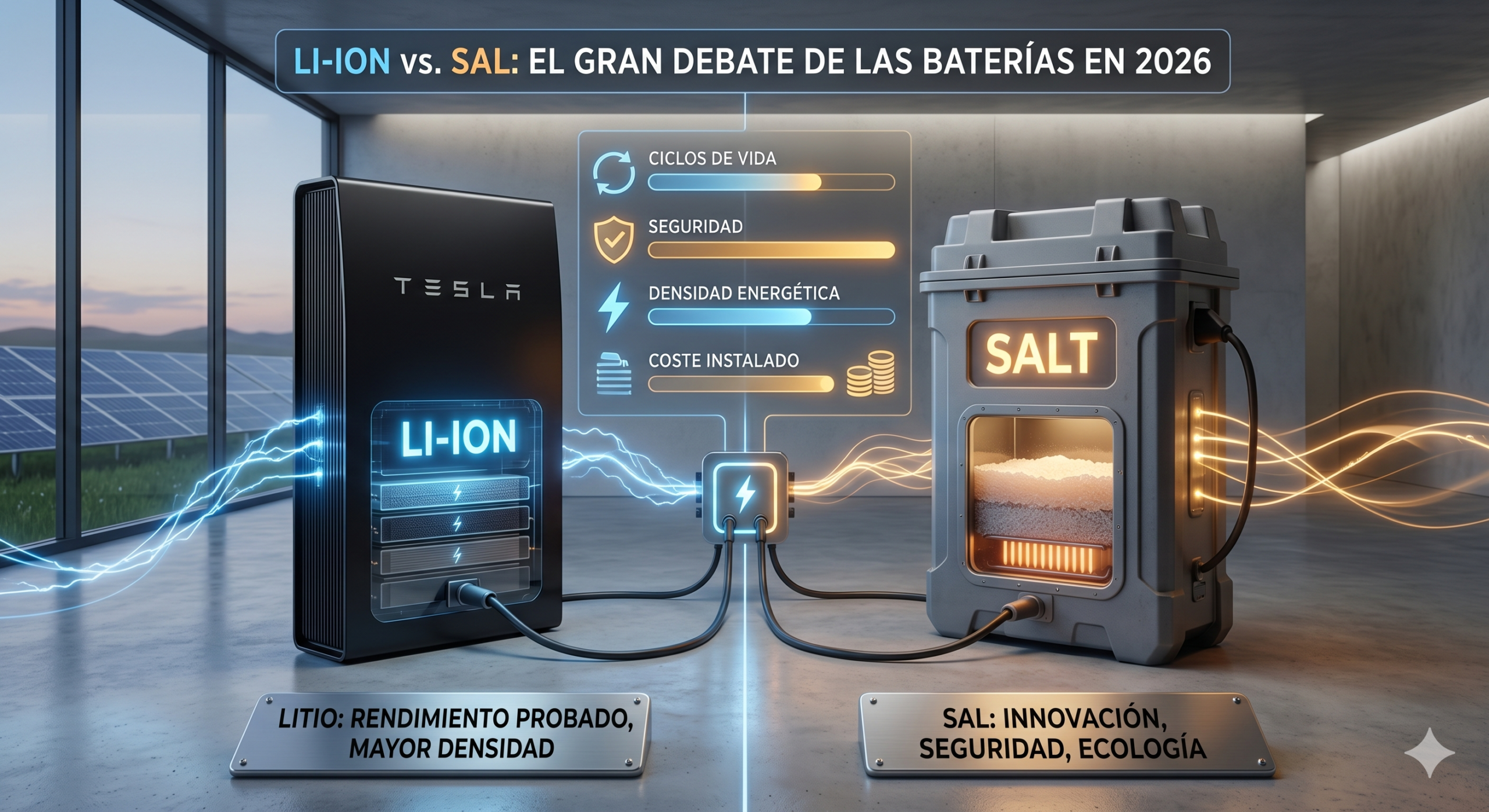 Comparativa técnica de baterías para autoconsumo solar en 2026: unidad de Litio (Li-ion) frente a innovadora batería de Sodio (Sal) con gráficos de rendimiento, seguridad y eficiencia.