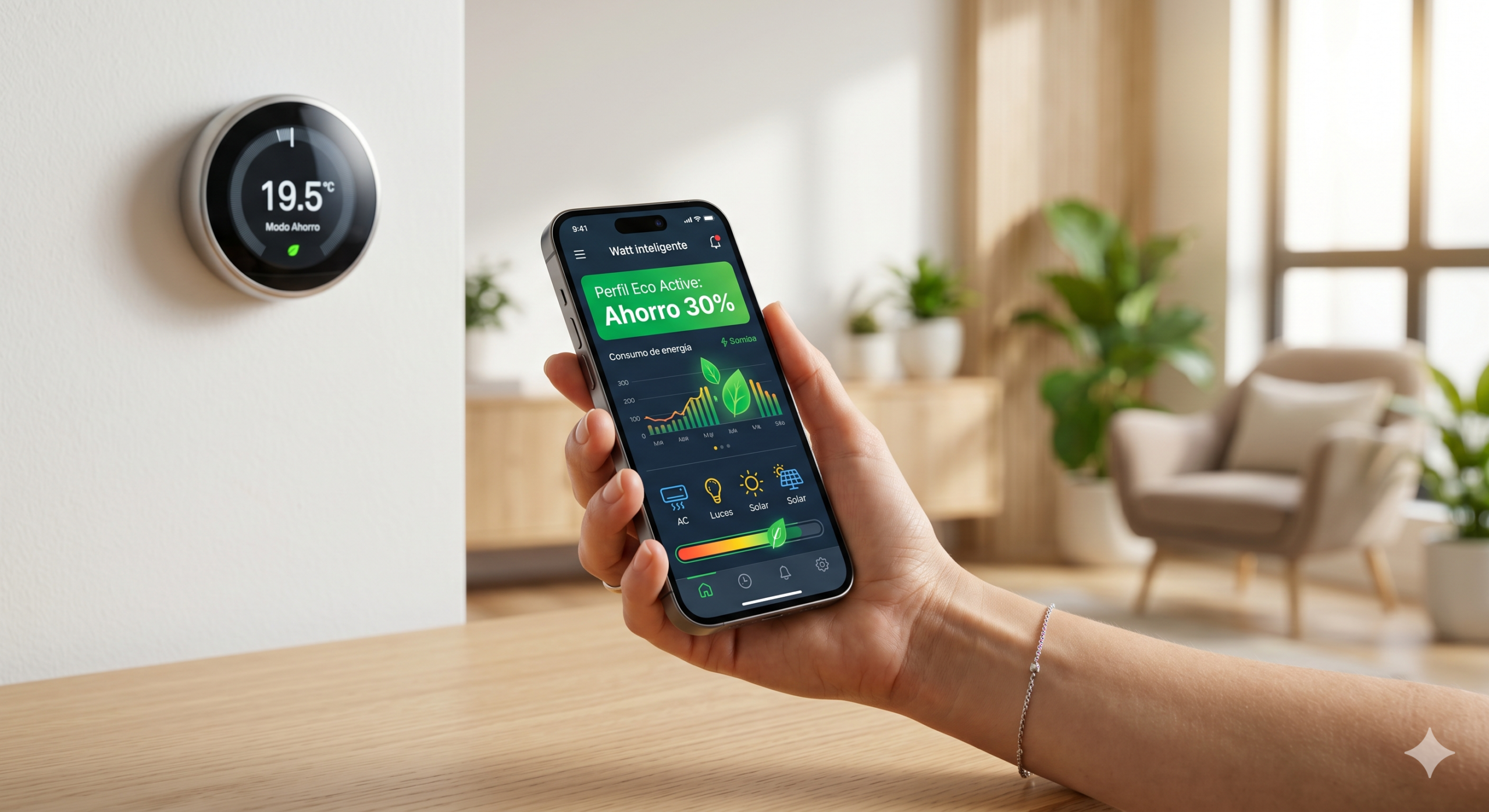 Uso de domótica para ahorrar energía mediante una aplicación móvil y un termostato inteligente en un hogar eficiente en 2026.