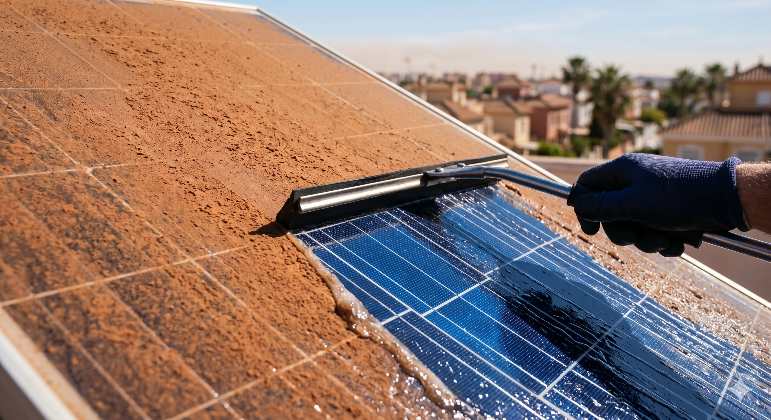 Limpieza de paneles solares en España: comparación de una placa solar sucia por calima frente a una superficie limpia para recuperar la producción energética en 2026