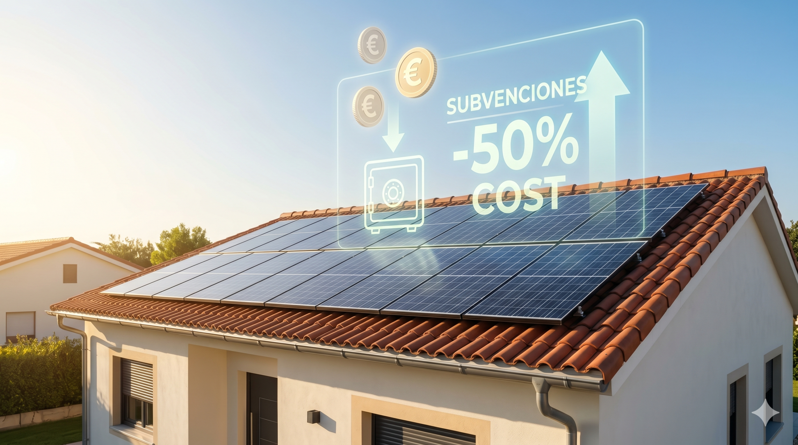 Vivienda unifamiliar con paneles solares instalados y gráfico explicativo sobre el ahorro del 50% con subvenciones en 2026