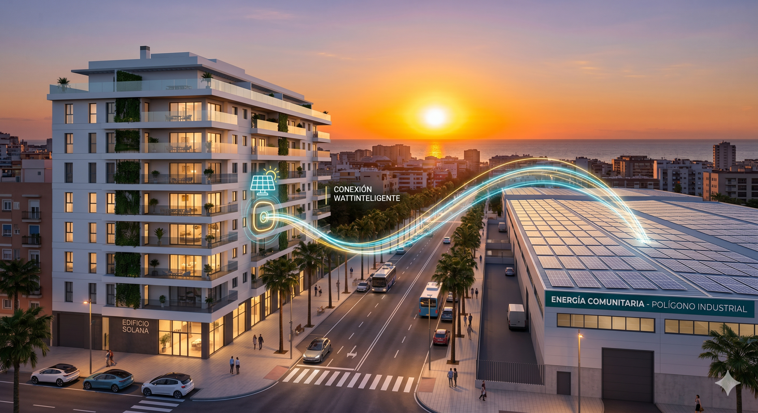 Esquema de comunidad energética urbana en España 2026 mostrando conexión entre bloques de pisos y tejados solares cercanos.