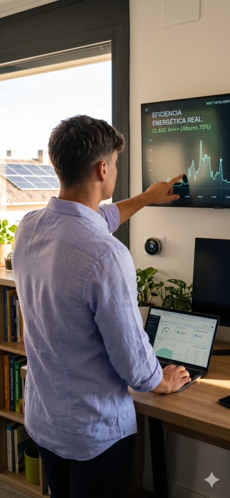 Iván, fundador de Watt Inteligente, analizando gráficas de ahorro energético