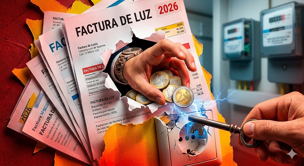 Factura de luz de 2026 rota con una mano sustrayendo monedas de euro, representando el sobrecoste y el engaño de las tarifas planas de electricidad en España.